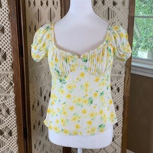 Sophie Rue Women's Yellow White & Green Floral‎ Smocked Crop Top Sz Small NWT